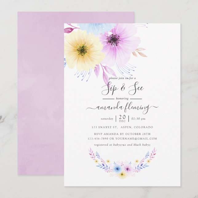 Pastel Rosa och Blue Blommigt Sip och Se Inbjudningar (Fram/baksida)