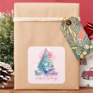 Pastel Rosa och Blue Whimsical Julgran Fyrkantigt Klistermärke