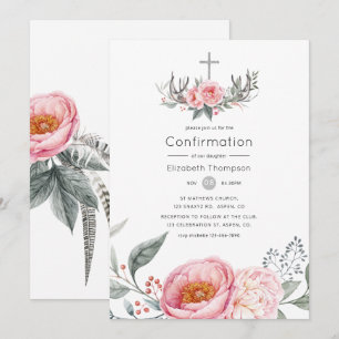 Pastel Rosa och Grått Boho Blommigt Bekräftelse Inbjudningar