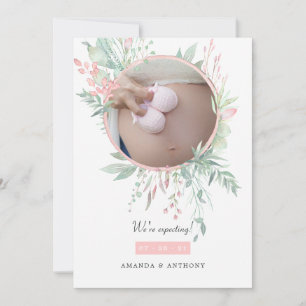 Pastel  Rosa och Greenery Photo Gravid Meddelande