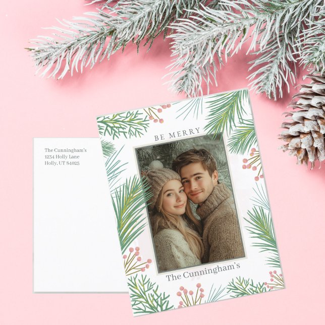 Pastel Rosa och Grönt Holly jul Helg Vykort (Pink Christmas Photo Postcard)
