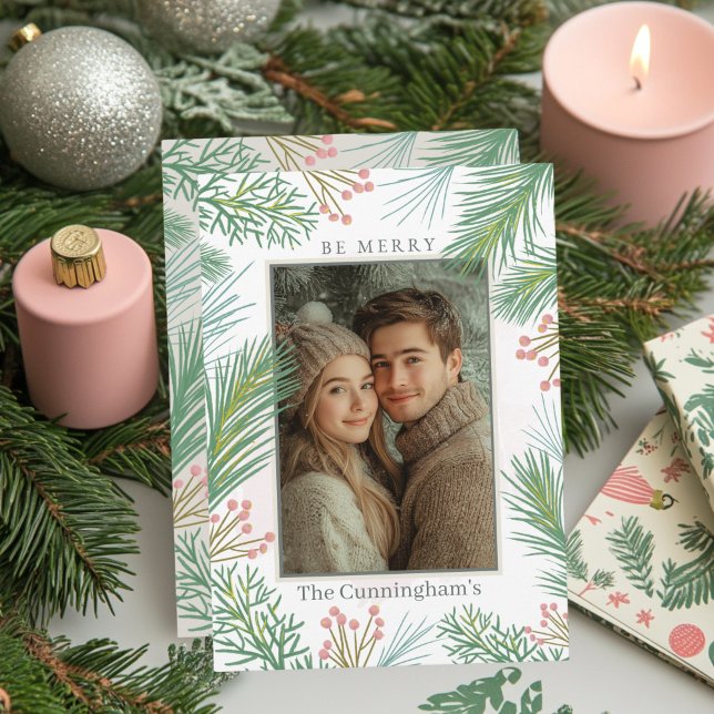Pastel Rosa och Grönt Holly jul Julkort (Pink and green holiday card)