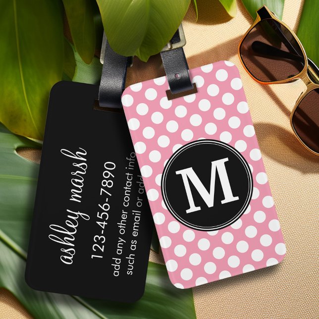 Pastel Rosa och svart Polka dots Anpassningsbar Mo Bagagebricka (Personalized luggage tag - vibrant colors and custom text)