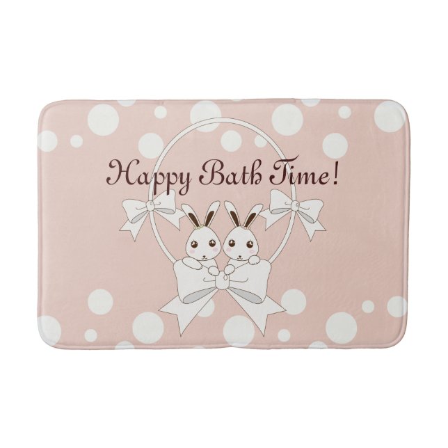 Pastel Rosa off-White Ribbon and Cute Twin Bunny Badrumsmatta (Framsidan)