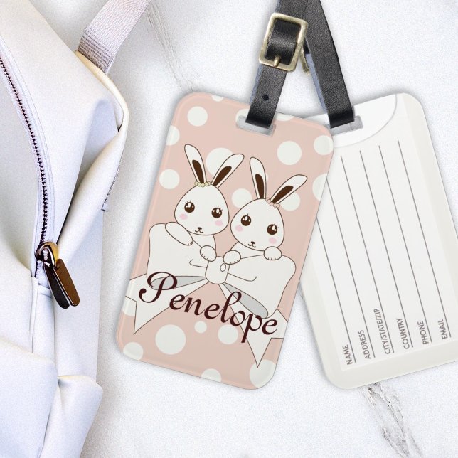 Pastel Rosa off-White Ribbon Cute Twin Bunny Kids Bagagebricka (Skapare uppladdad)
