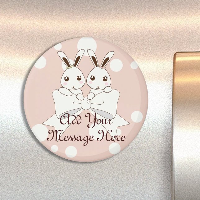 Pastel Rosa off-White Ribbon Cute Twin Bunny Kids Magnet (Skapare uppladdad)