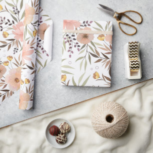Pastel Rosa Peach Olive Blommigt Löv Mönster Presentpapper