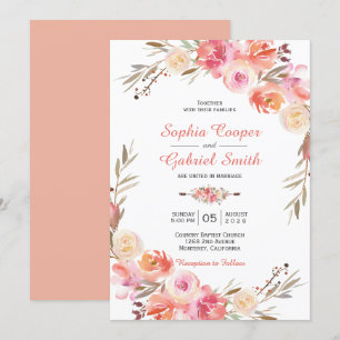Pastel Rosa Peach Ro Blommigt bröllopsinbjudan Inbjudningar