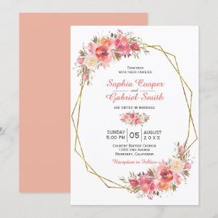 Pastel Rosa Peach Ro Blommigt Guld Ram Bröllop Inbjudningar