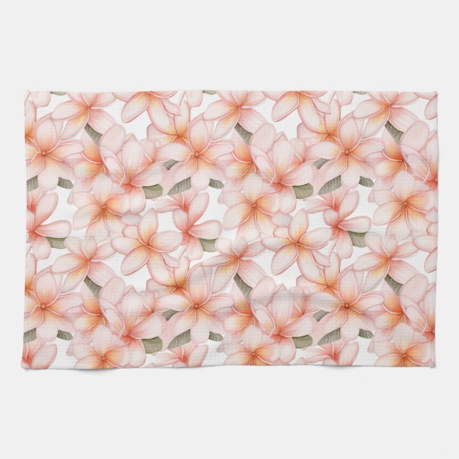 Pastel Rosa Plumeria Frangipani Blommigt Patterned Kökshandduk (Horisontell)