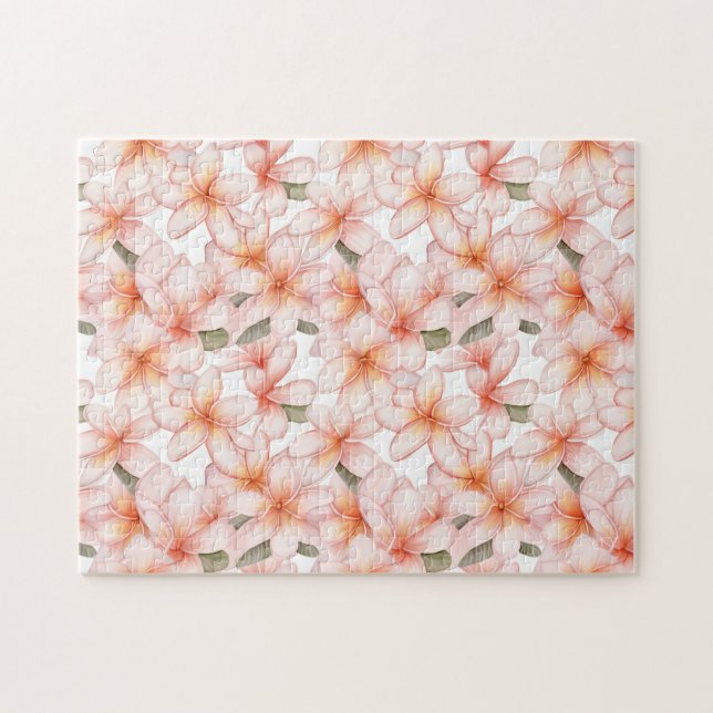 Pastel Rosa Plumeria Frangipani Blommigt Patterned Pussel (Horisontell)