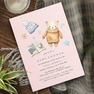 Pastel Rosa Polar Bear Winter Girl Baby Shower Inbjudningar