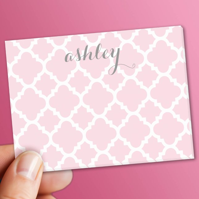 Pastel Rosa Quatrefoil Mönster Personlig Namn Post-it Block (Custom Post It Notepad)