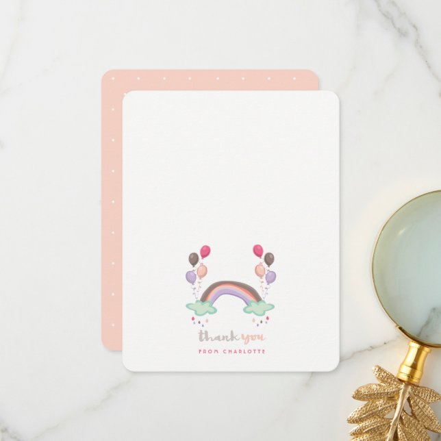 Pastel Rosa Rainbow and Balloons Girl Baby Shower Tack Kort (Fram/Back In Situ)