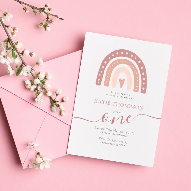 Pastel Rosa Rainbow Boho Virtuell första födelseda Inbjudningar (Skapare uppladdad)