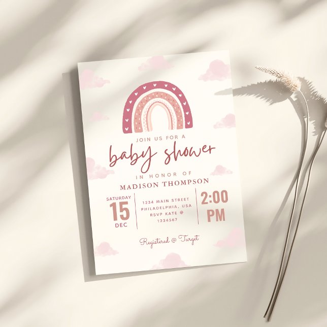 Pastel Rosa Rainbow Clouds Calligraphy Baby Shower Inbjudningar (Skapare uppladdad)