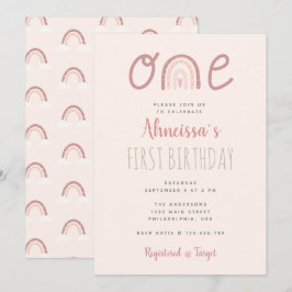Pastel Rosa Rainbow Clouds första födelsedag Inbjudningar