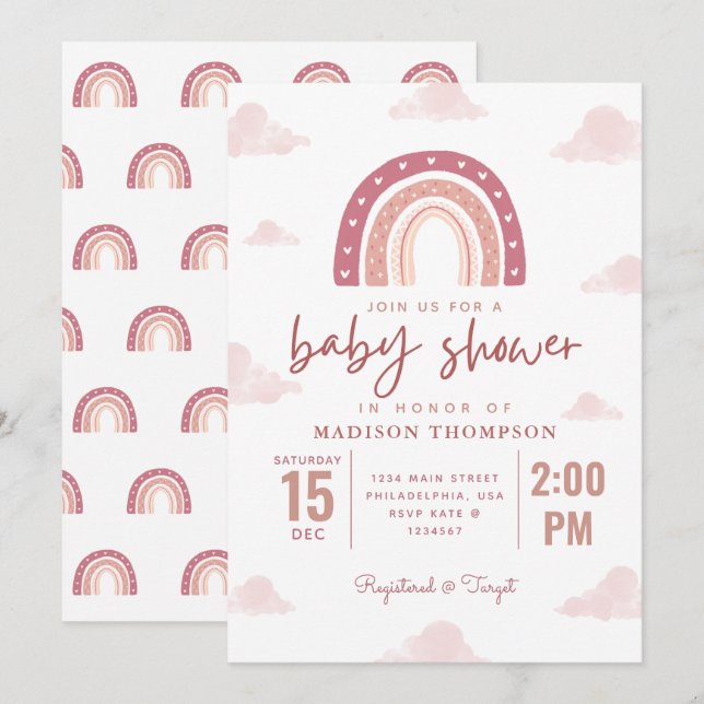 Pastel Rosa Rainbow Clouds Girl Baby Shower Inbjudningar (Fram/baksida)
