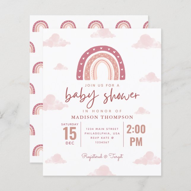 Pastel Rosa Rainbow Clouds Girl Baby Shower Invita (Fram/baksida)