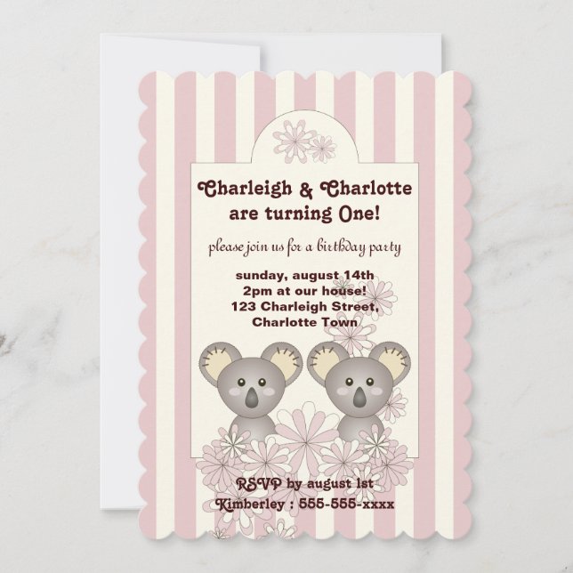 Pastel Rosa Rand Baby Koala Twin Girl Birthday Inbjudningar (Framsida)
