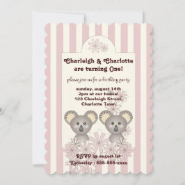 Pastel Rosa Rand Baby Koala Twin Girl Birthday Inbjudningar