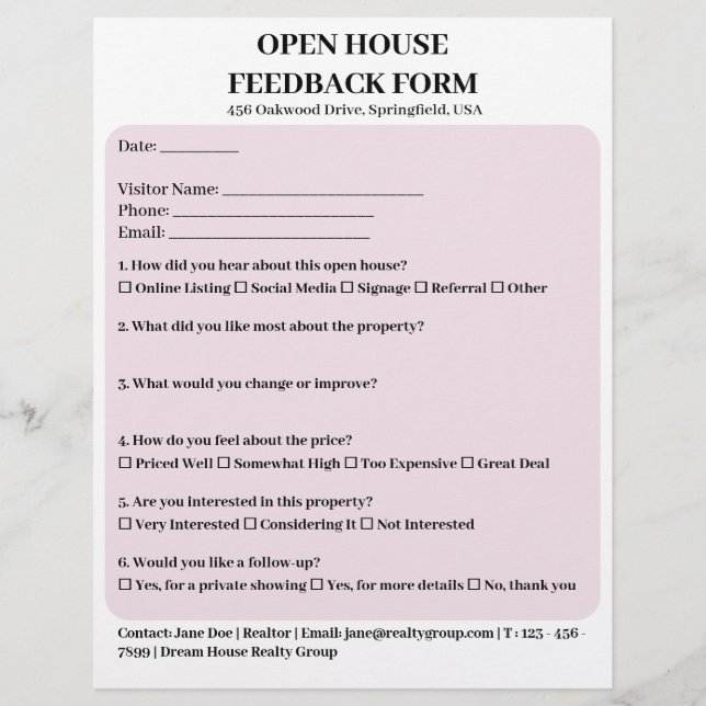 Pastel Rosa Real Gods Open House Feedback Formulär Reklamblad (Framsidan)
