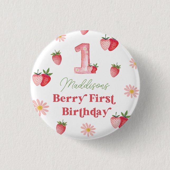 Pastel Rosa & Red Berry First Strawberry Birthday Knapp (Framsida)