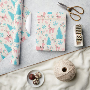Pastel Rosa Reindeer Blue Gräs Träd Snöflingor Presentpapper