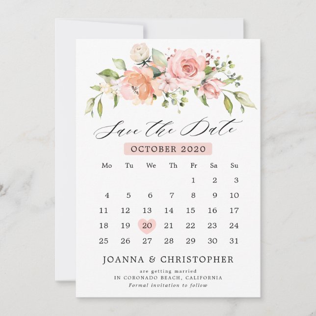 Pastel Rosa  Ro Blommigt Botanical Calendar Spara Datumet (Framsida)