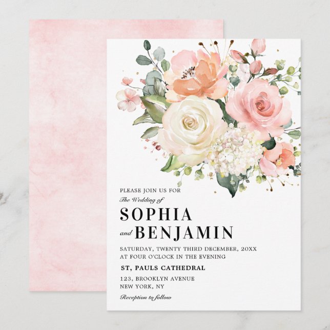 Pastel Rosa  Ro Blommigt Botaniska Bröllop Inbjudningar (Fram/baksida)