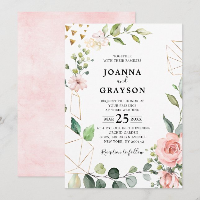 Pastel Rosa  Ro Blommigt Botaniska Bröllop Inbjudningar (Fram/baksida)