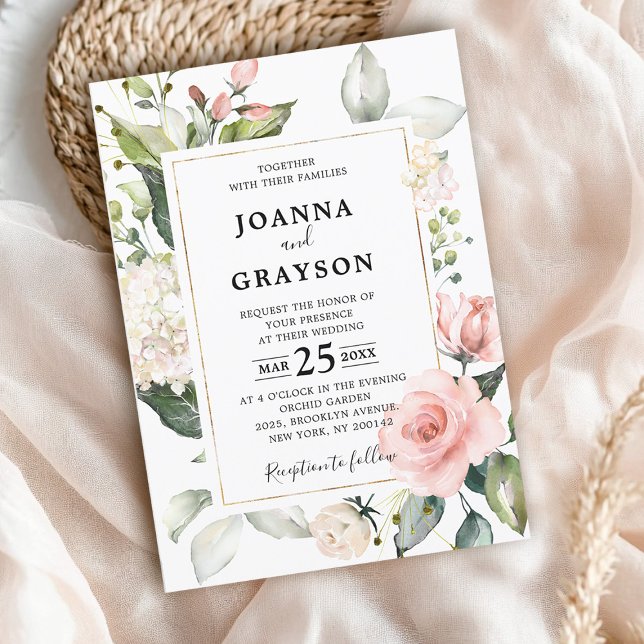 Pastel Rosa  Ro Blommigt Botaniska Bröllop Inbjudningar (Midsummer Peach Pastel Blush Pink Floral Roses, Peonies and Hydrangea Wedding Invitation)