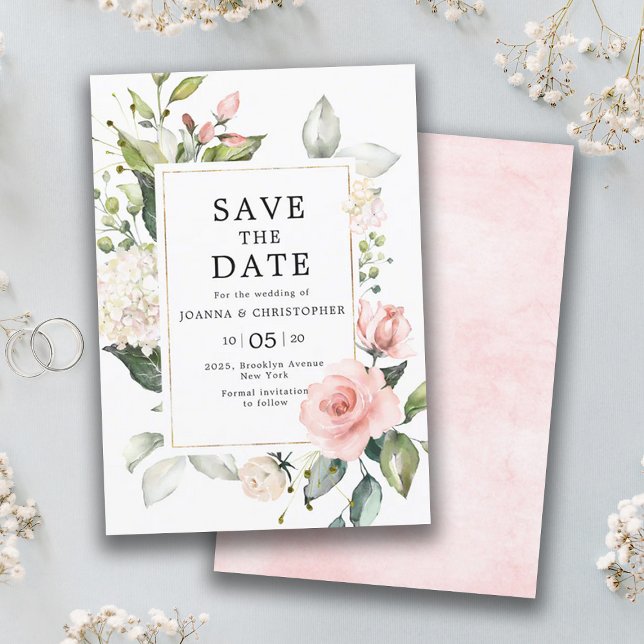Pastel Rosa  Ro Blommigt Botaniska Bröllop Spara Datumet (Pastel pink blush rose floral save the date card)
