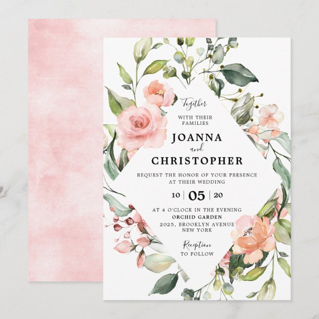 Pastel Rosa  Ro Blommigt Geometric Bröllop Inbjudningar (Fram/baksida)
