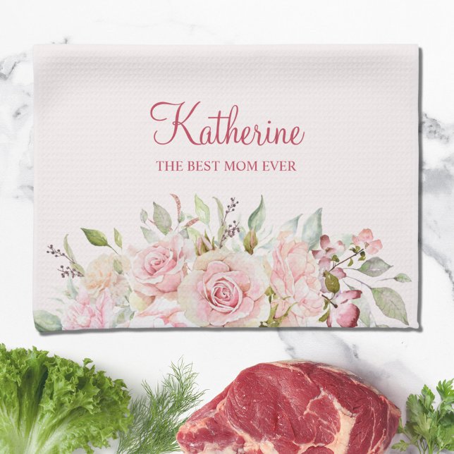 Pastel Rosa ros blommar Blommigten Bästa Mamma någ Kökshandduk (In situ)