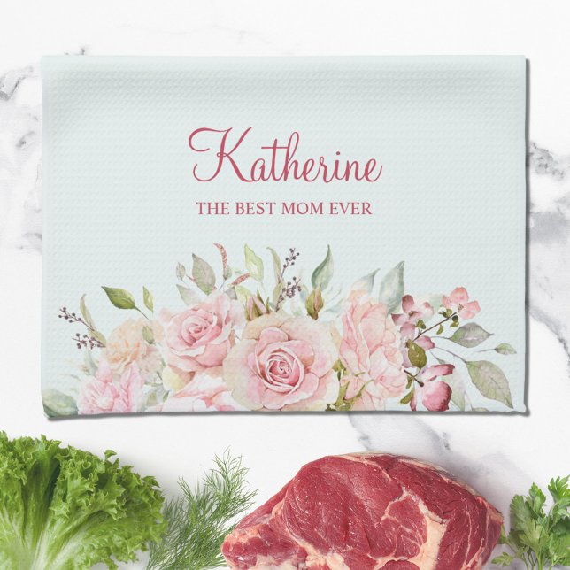 Pastel Rosa ros blommar Blommigten Bästa Mamma någ Kökshandduk (In situ)