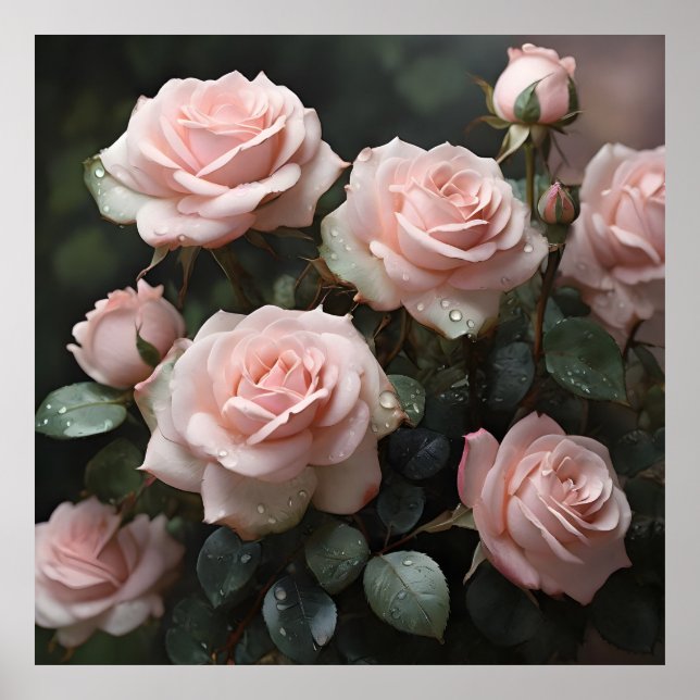 Pastel Rosa ros med Mörk grönt Löv Poster (Framsidan)