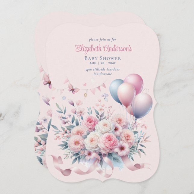 Pastel Rosa ros Rosett band Baby Shower Elegant So Inbjudningar (Fram/baksida)