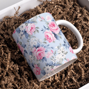 Pastel rosa ros shabby chic blommönster kaffemugg