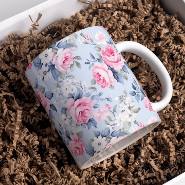 Pastel rosa ros shabby chic blommönster kaffemugg (Skapare uppladdad)