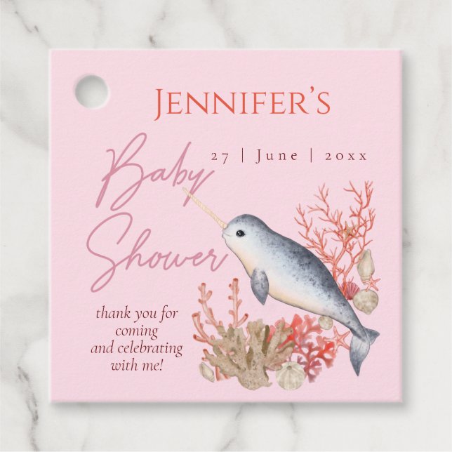 Pastel Rosa Sea Narwhal seashells Baby Shower Gåvor Etiketter (Framsida)