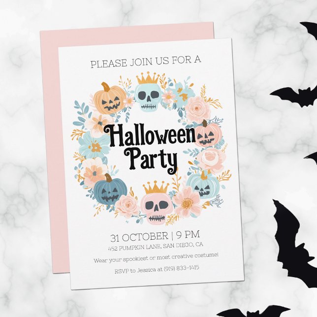 Pastel Rosa Skull Pumpkin Cute Halloween fest Inbjudningar (Pastel Pink Skull Pumpkin Cute Halloween Party Invitation)