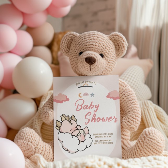 Pastel Rosa Sleeping Cloud Baby Dragon Birthday Inbjudningar (Skapare uppladdad)