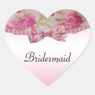 Pastel Rosa Snöre Flowers & Bow Bröllop i går Hjärtformat Klistermärke