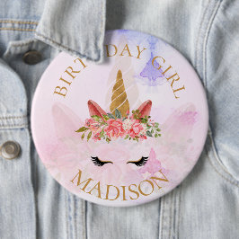 Pastel Rosa Söt Blommigt Unicorn Birthday Girl Knapp