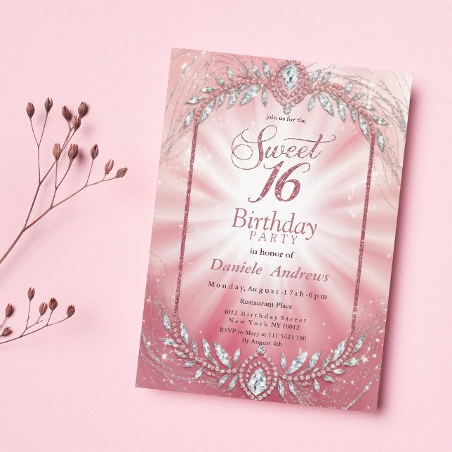 Pastel Rosa Sparkly Diamond Sweet sixteen Inbjudningar (Pastel Pink Sparkly Diamond Sweet Sixteen )