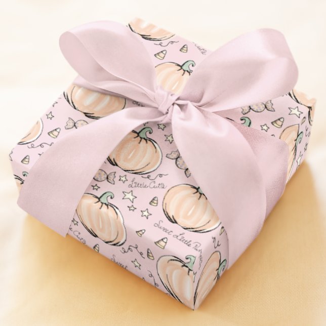 Pastel Rosa Sweet Little Pumpkin Baby Presentpapper (Cute Pastel Baby Halloween or Autumn Baby Shower Pattern of Orange Pumpkins, Candy, & Little Stars.)