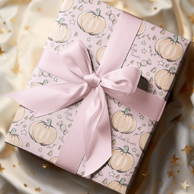 Pastel Rosa Sweet Little Pumpkin Baby Presentpapper (Adorable Baby Halloween Illustrations Hand-drawn by Nathalie Portet. Soft Pastel Pink Background. )
