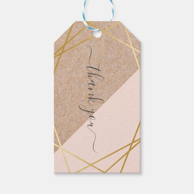 Pastel Rosa Tack i Geometric Guld Kraft Presentetikett (Framsidan)