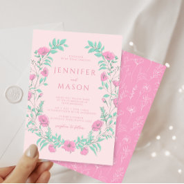 Pastel rosa teal grönt blommigt bohemian bröllop inbjudningar